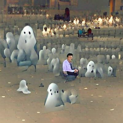 Lonely man sitting alone with hundreds of ghost around him.