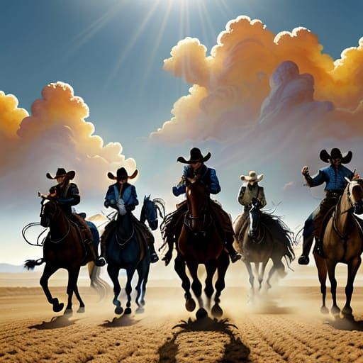 Cowboys Ride Wild Horses in Vibrant Oil Painting