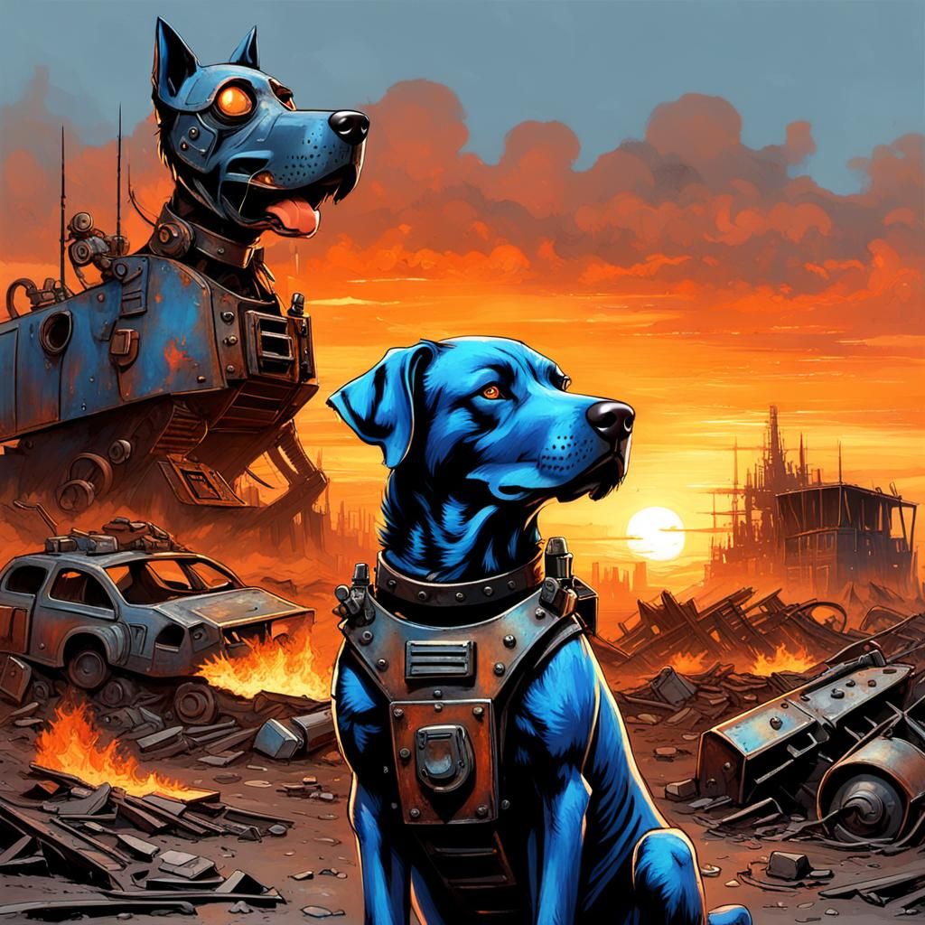 Post-Apcolyptic junkyard, sunset scavenger girl with armored...