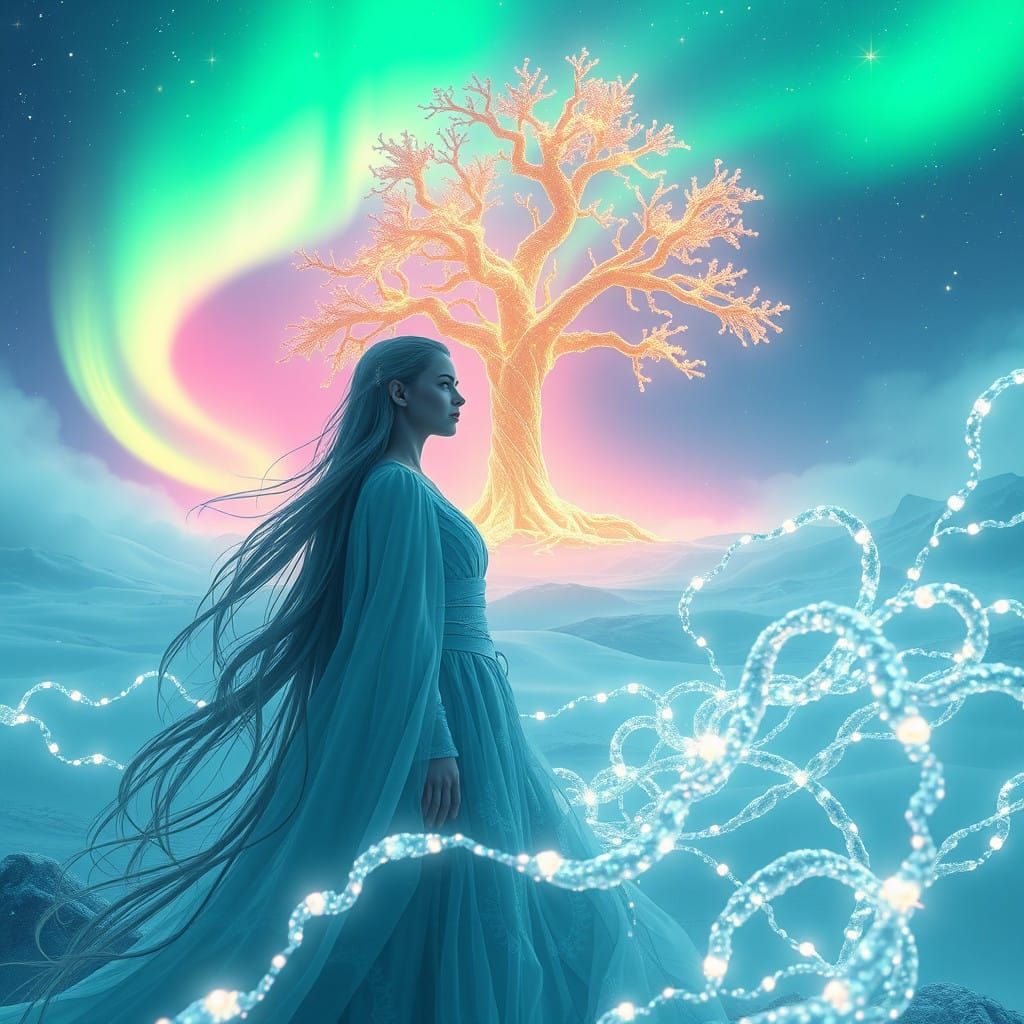 Serene Goddess Amidst Ethereal Aurora