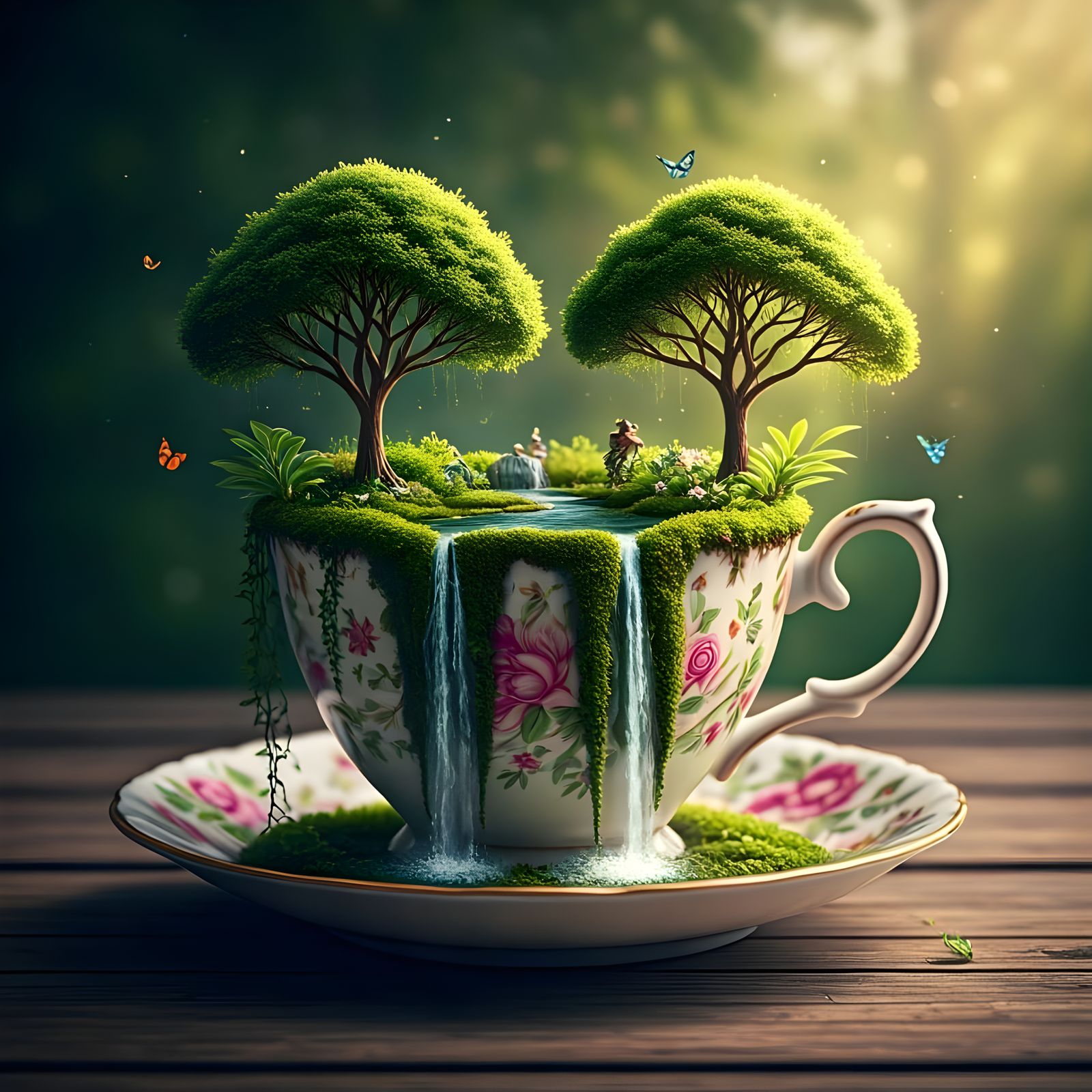 Create a stunning miniature ecosystem flourishing atop a delicate, vintage teacup. The teacup is perched ...  by @Fischli