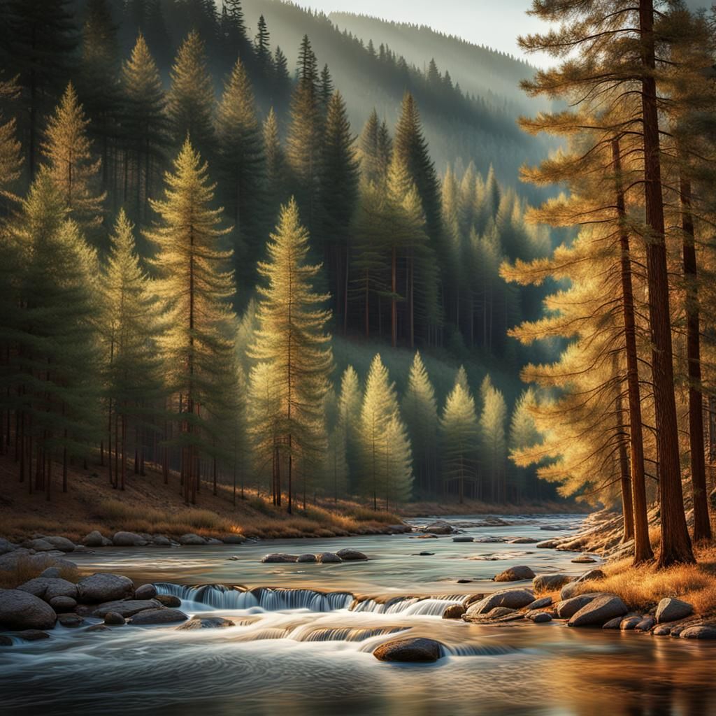 A river flowing in a pine forest