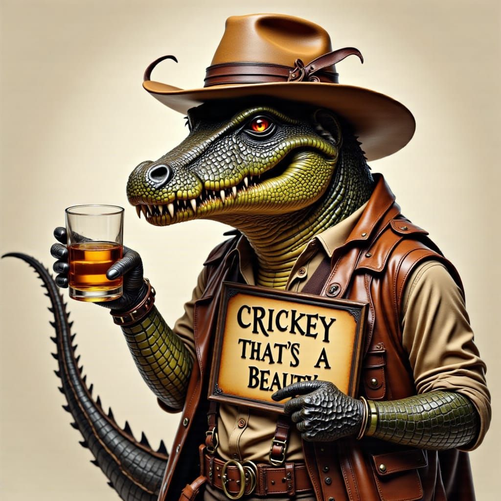 Anthropomorphic crocodile dressed like an australian outback crocodile hunter holding a tumbler with a neat scotch in one hand and in the ot...