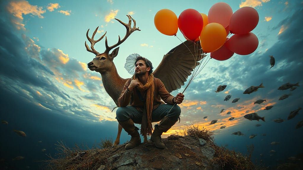 Drunk Hunter's vision of a Mystical Deer Balloons Wings Life Beneath the Waves  by @undefined