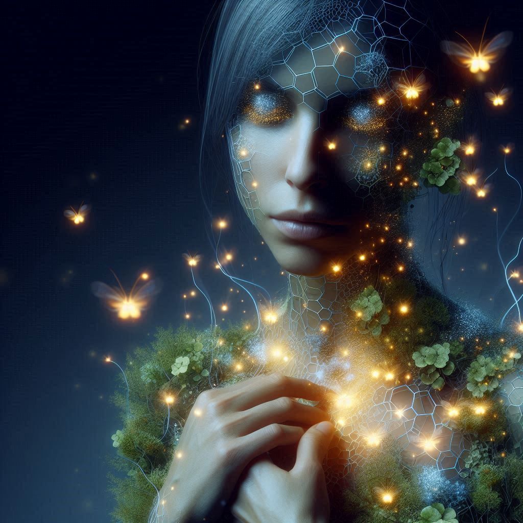 woman is a landscape of interconnected ecosystems, with miniature glowing fireflies inhabiting her form and luminescent ...