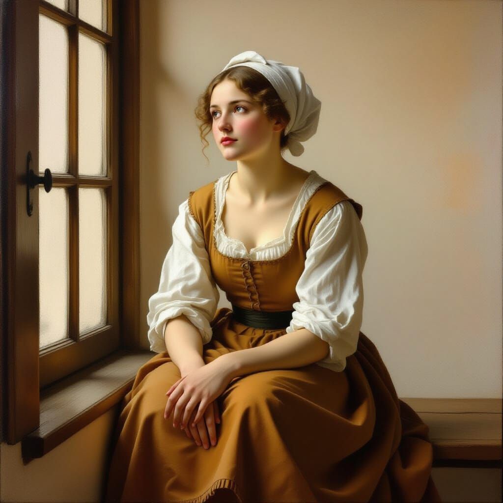 L'image est un portrait d'une femme, capturé en gros plan. Elle est assise sur un rebord de fenêtre, ...  by @Jean Claude