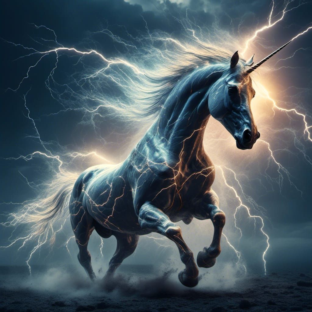 <lora:Raio:1.0>  An incredible unicorn made of lightning, its body formed from electrified lightning, digital art, lightning, intense, thund...