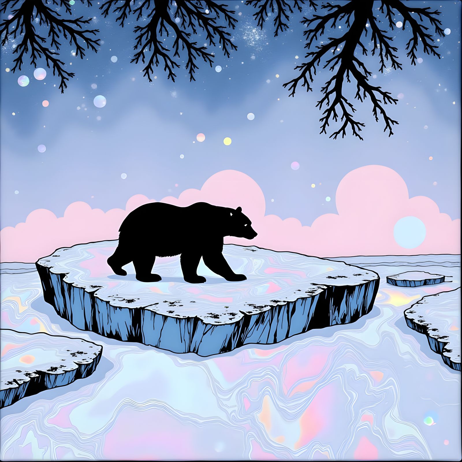 a black silhouette  of a polar bear on an iridescent ice cap in  a dim surreal dream, <lora:Dark Pearl:1.0>