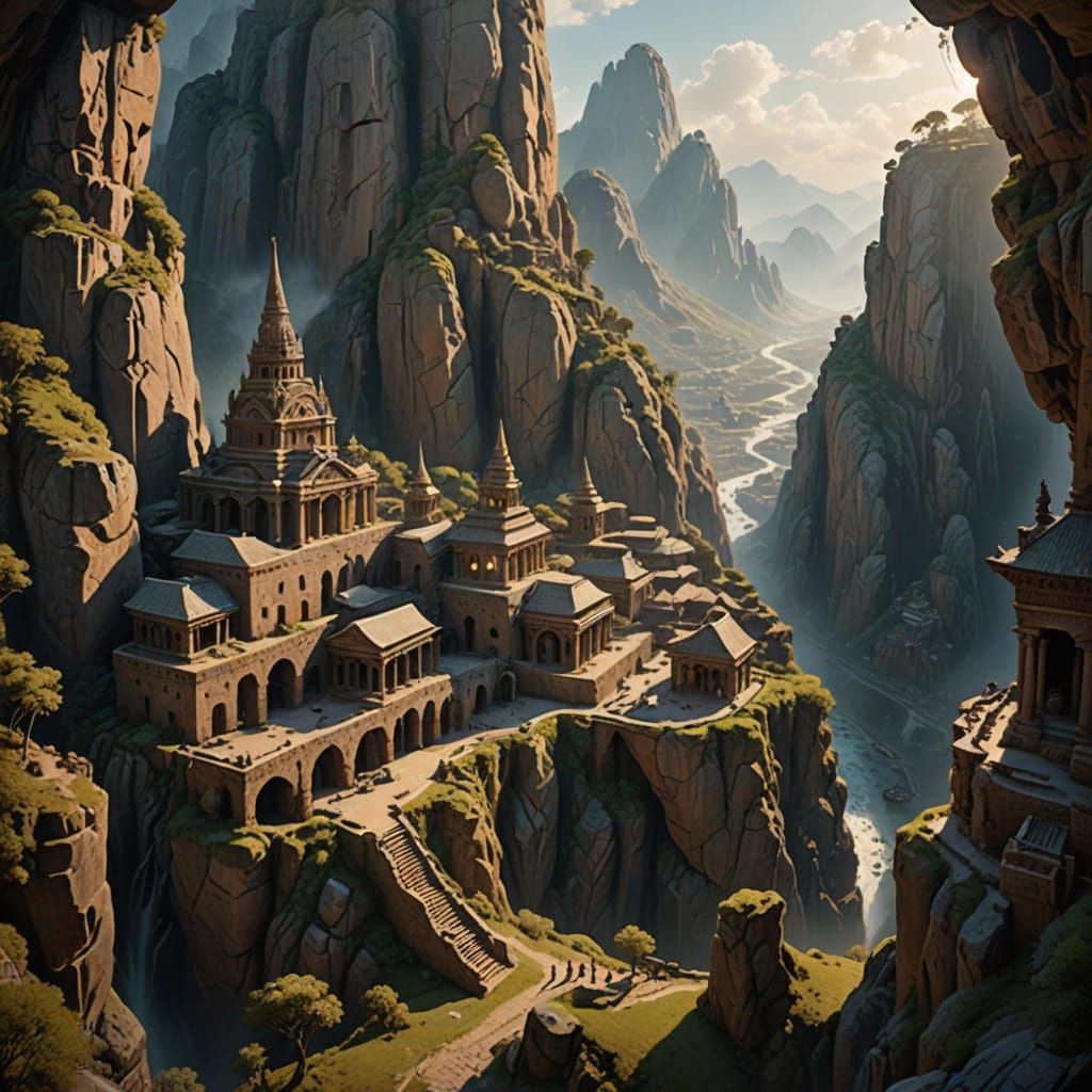 A mesmerizing realistic ancient city built into a mountain, hidden,huge statues, cinematic lighting, realism 