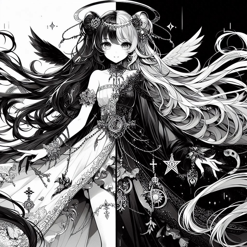 Japanese anime style, full body view female half angel half ...