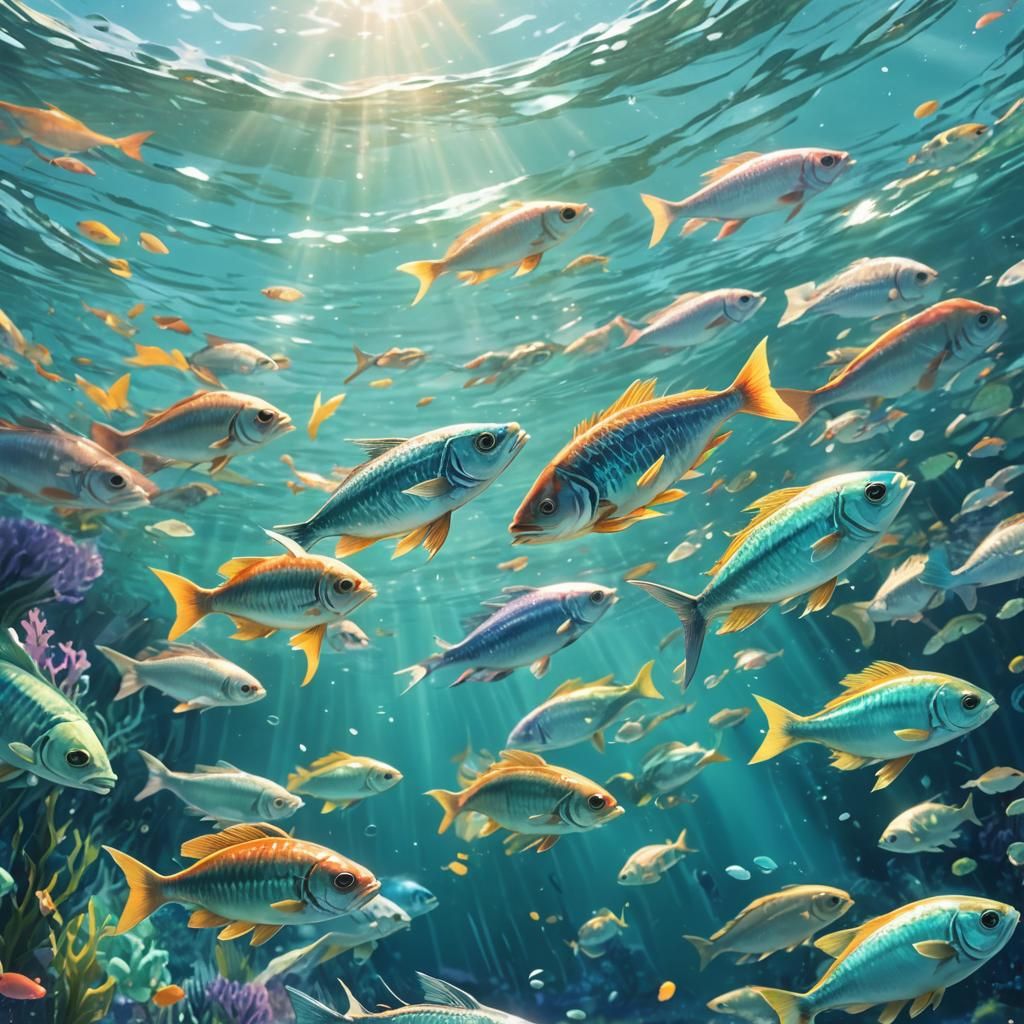 Frightened Fish in Shimmering Turquoise Anime Ocean