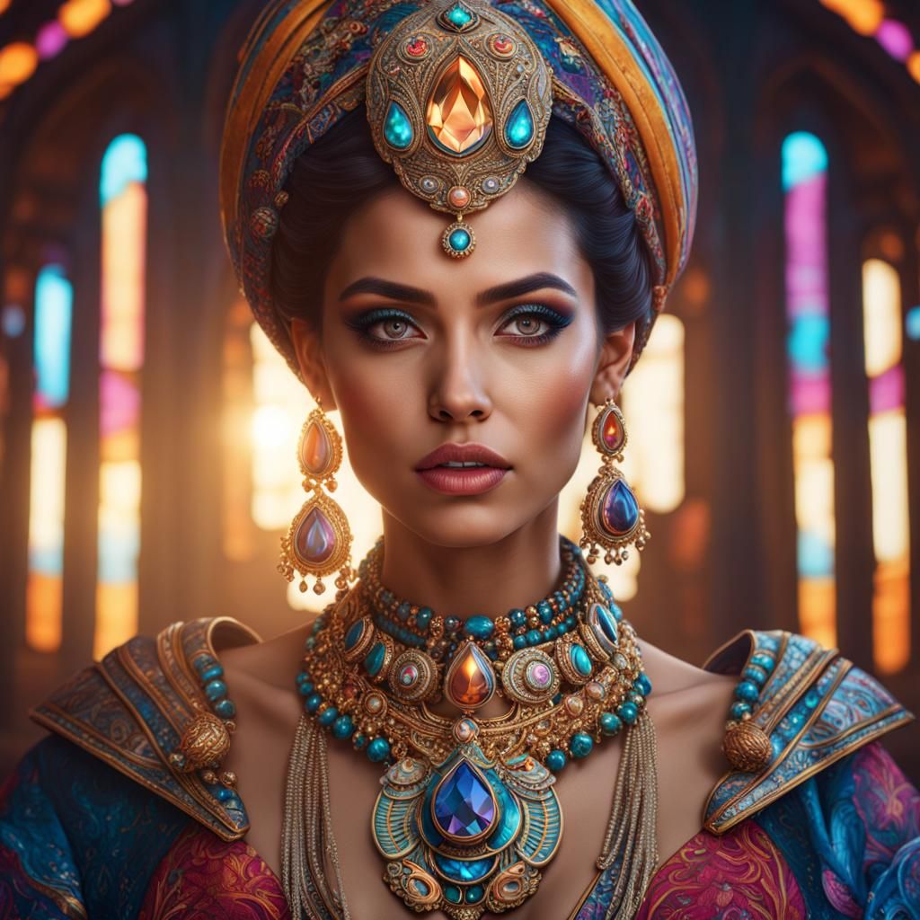 Hyperrealistic portrait of a beautiful woman wearing intrica...