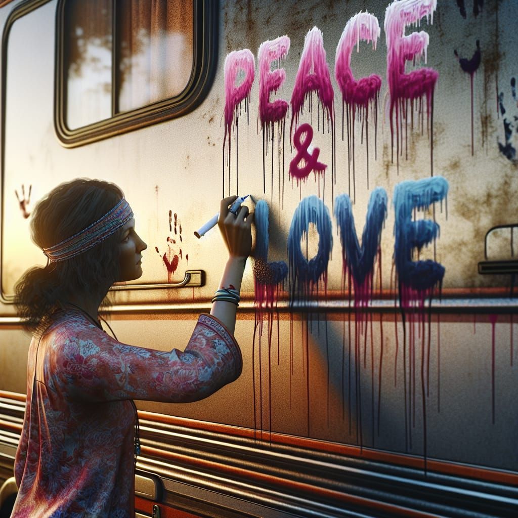 " une hippie écrivant les mots PAIX ET AMOUR sur un van, sombre, photographie, primé, mot détaillé PAIX ...  by @CB