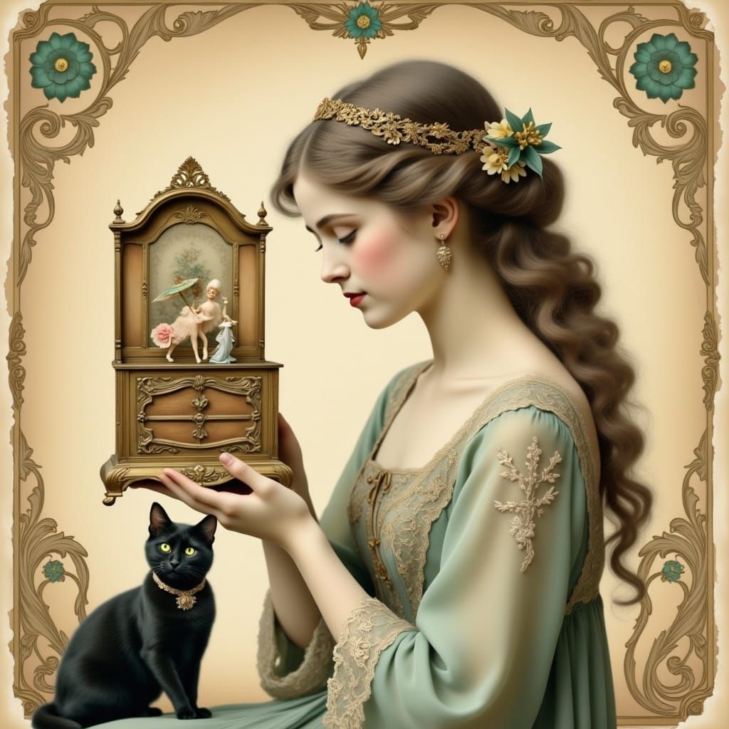 <lora:french vintage:1.0> A girl is holding an old music box in her hands, a cat is sitting next to her,, high details, masterpiece,vintage...