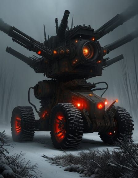 Steampunk war machine on tracks with gun turrets and flamethrowers and many other appendages rolling down a snowy trail in the forest, make ...