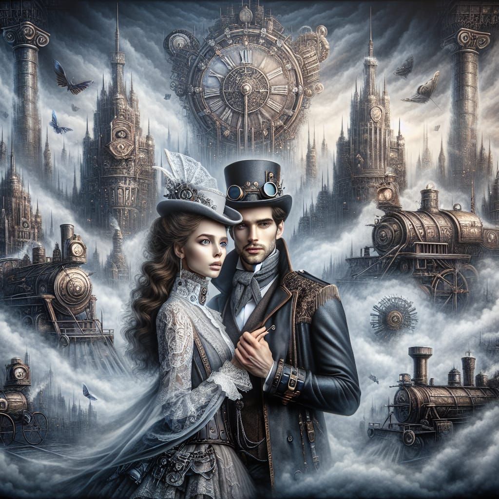 Closeup Portrait, Eloquent Steampunk couple, dramatic atmosphere, whimsically detailed, background a foggy steampunk city