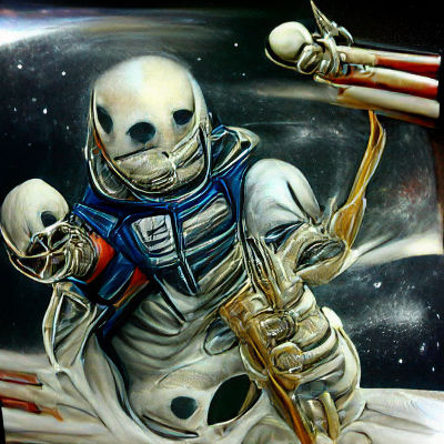 Scary skeleton astronaut in space hyperrealism