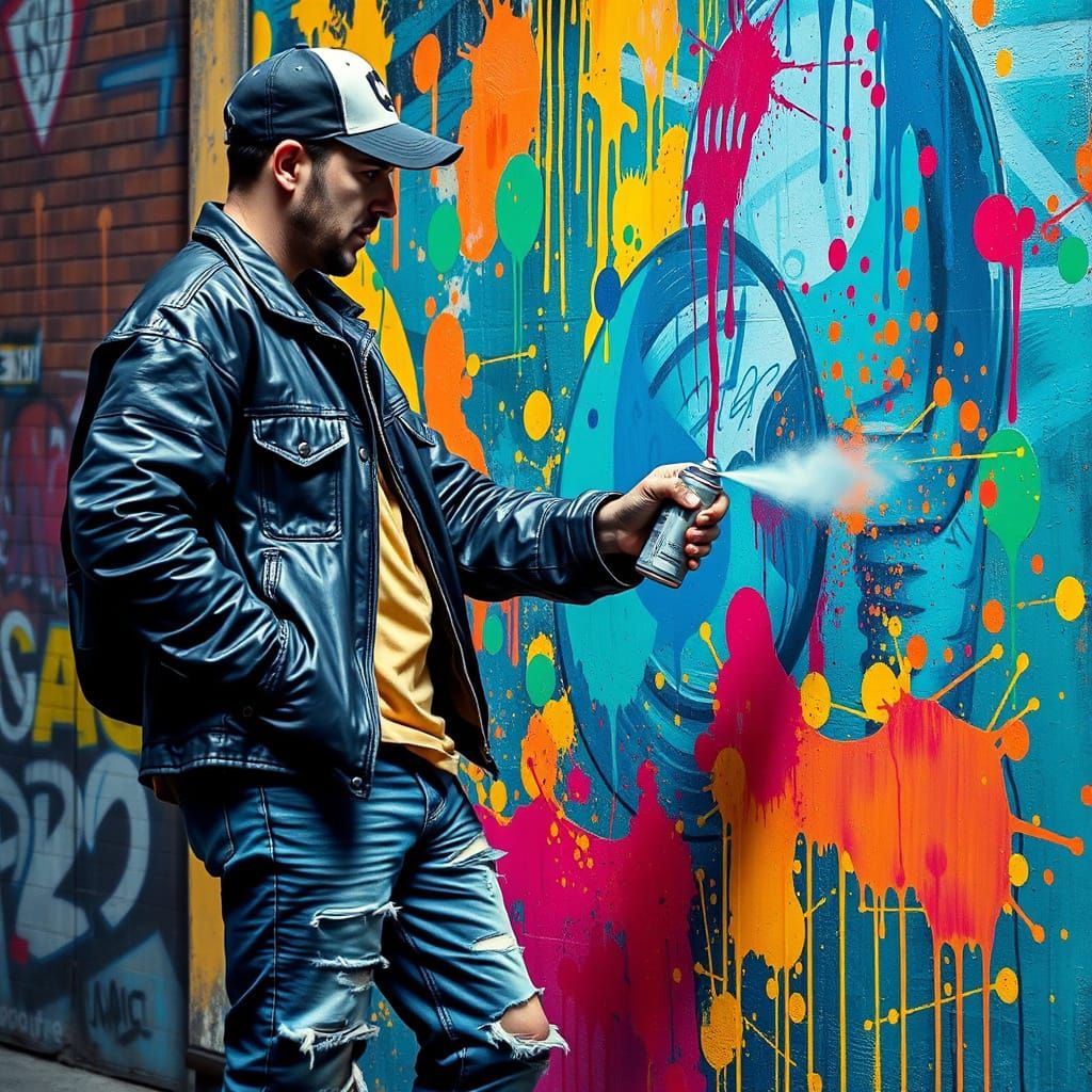 Vibrant Street Artist in Action, Inspired by Cyberpunk Legen...