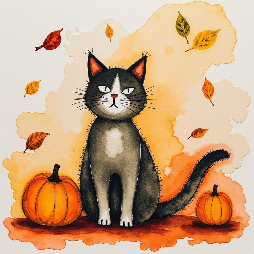 <lora:Painting:1.0> renaissance halloween painting, brushstrokes, cute festive halloween cat, watercolor painting, textured, watercolor pape...