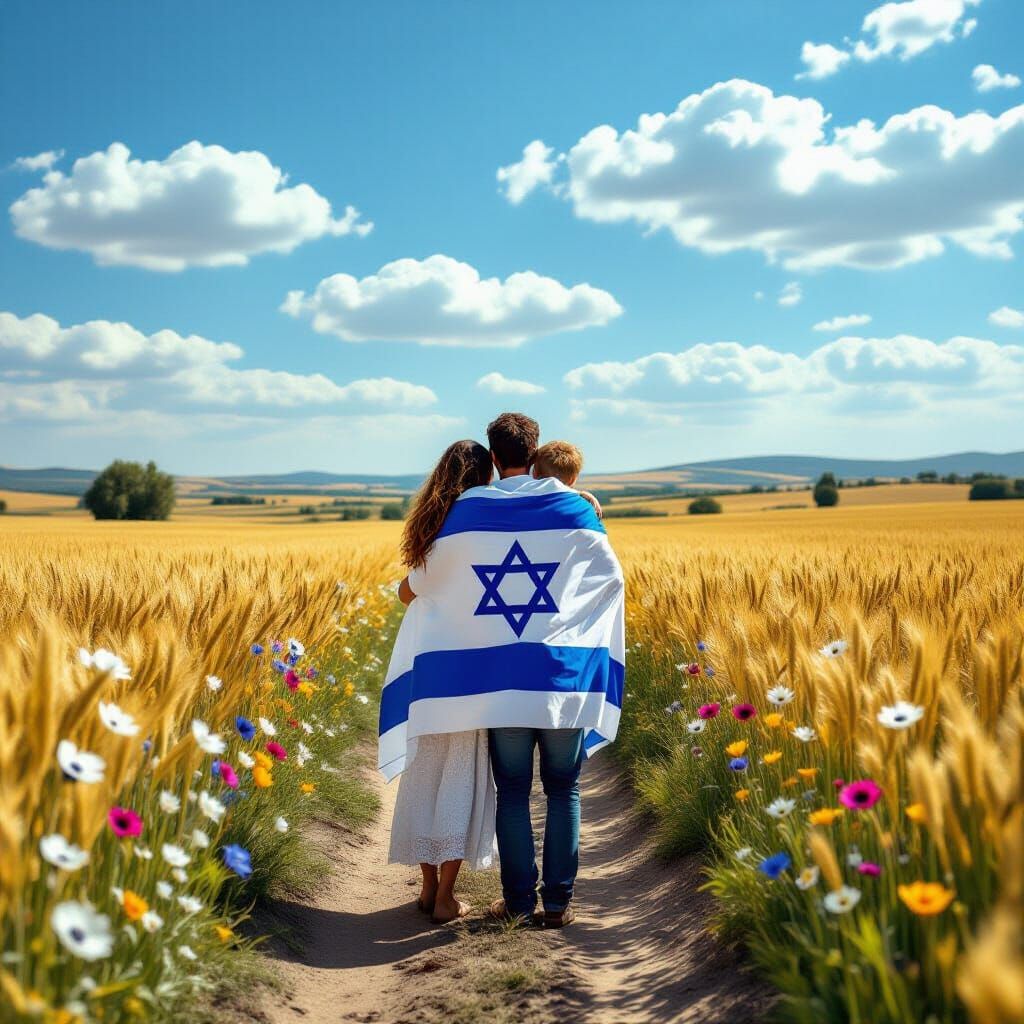 Israeli Family in Wheat Field, Hyperrealistic Style
