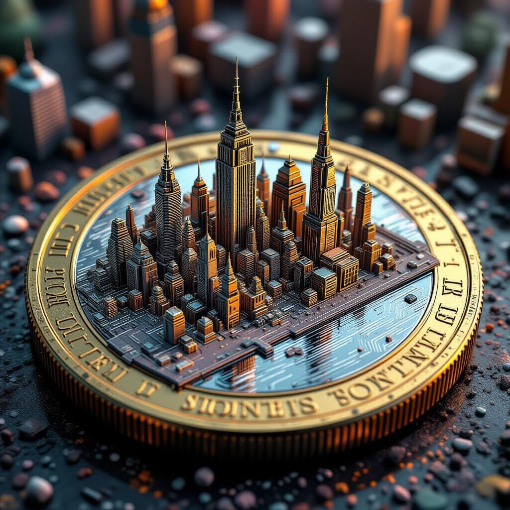 MACRO PHOTO OF A REAL MICRO CITY CREATED IN A COIN, ultra hd, realistic, vivid colors, highly detailed, ...  by @MARCOSH22