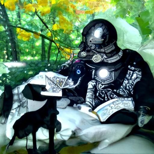 steampunk knight chilling with a dog in the forest reading a...