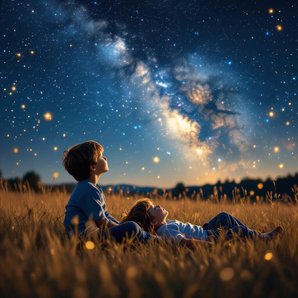 Dreamy Night Sky Scene with Boys in Field