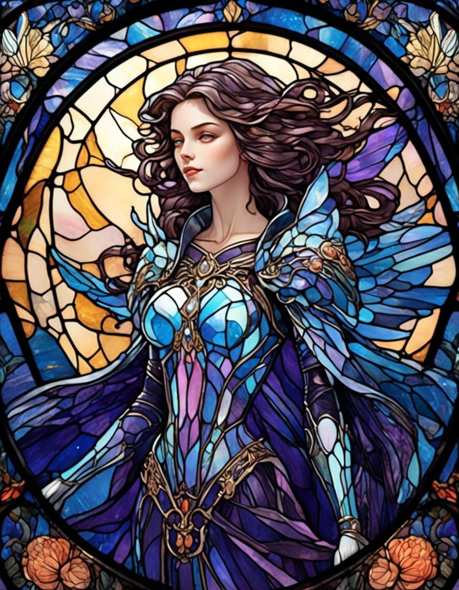 <lora:ShatteredGlass:1.0> A gorgeous devastating dark battle angel beauty in iridescent moonlight colours in shattered stained glass style,...