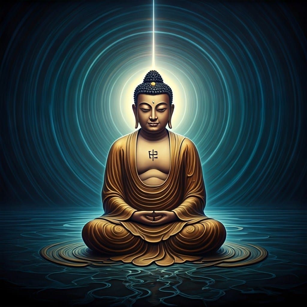 Surreal Buddhist Figure in Steampunk Dreamscape