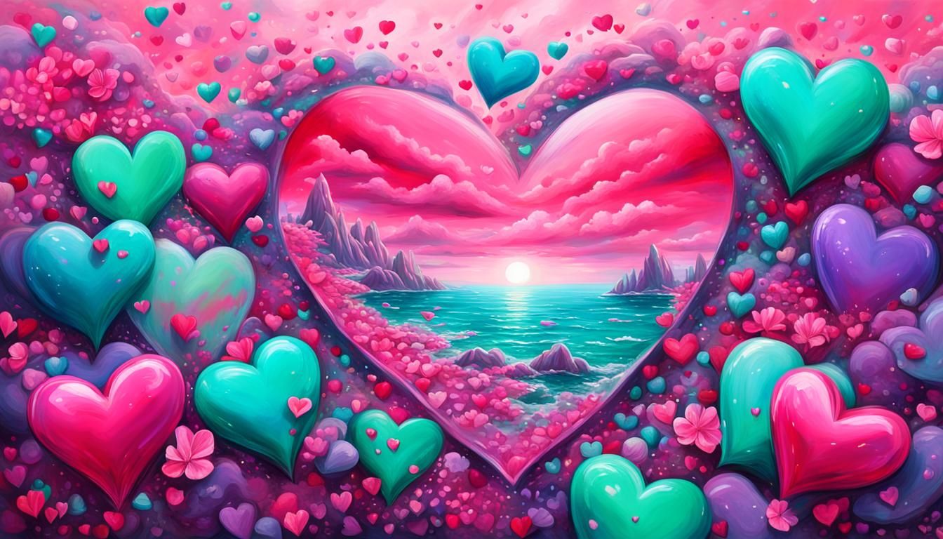 Seascape with Glass Hearts in Graffiti Art Style