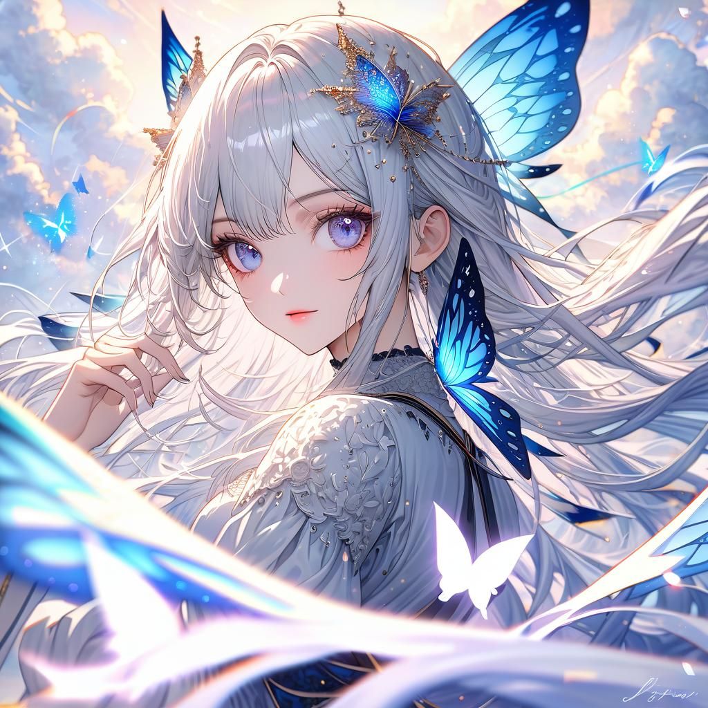 Gorgeous Girl with Butterfly Wings Amidst Clouds