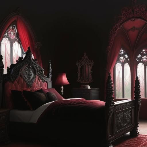 Beautiful red and black gothic bed& hyperdetailed art nouveau rococo