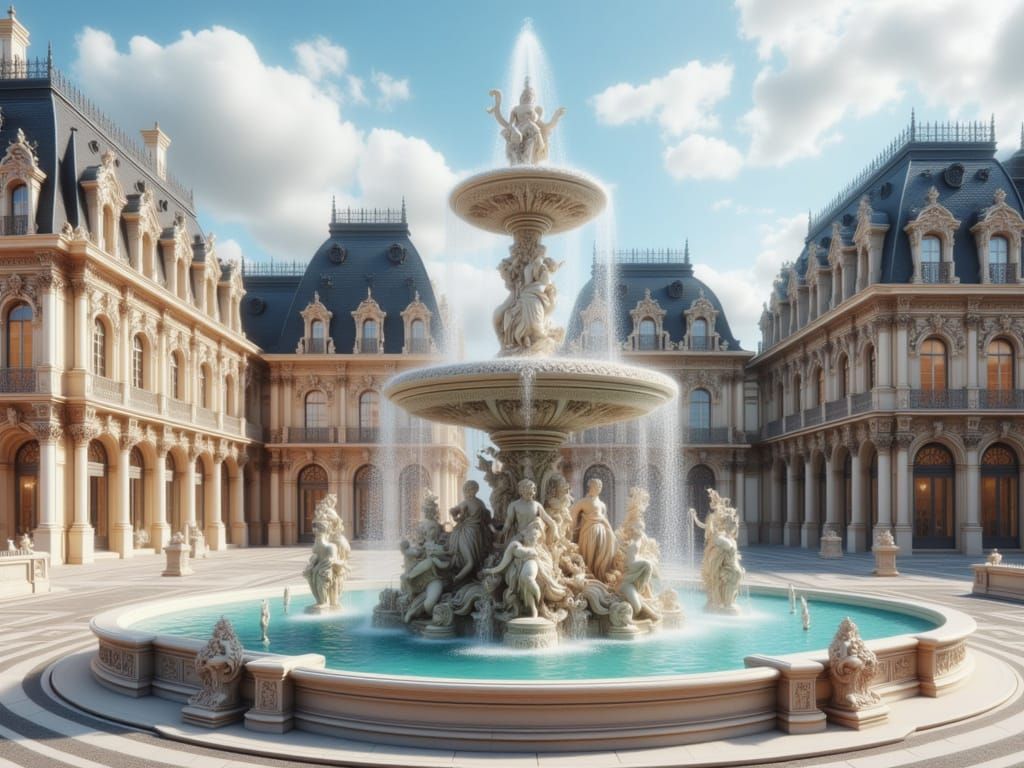 French Rococo city square, including an elaborate fountain and ornate detailed statuary