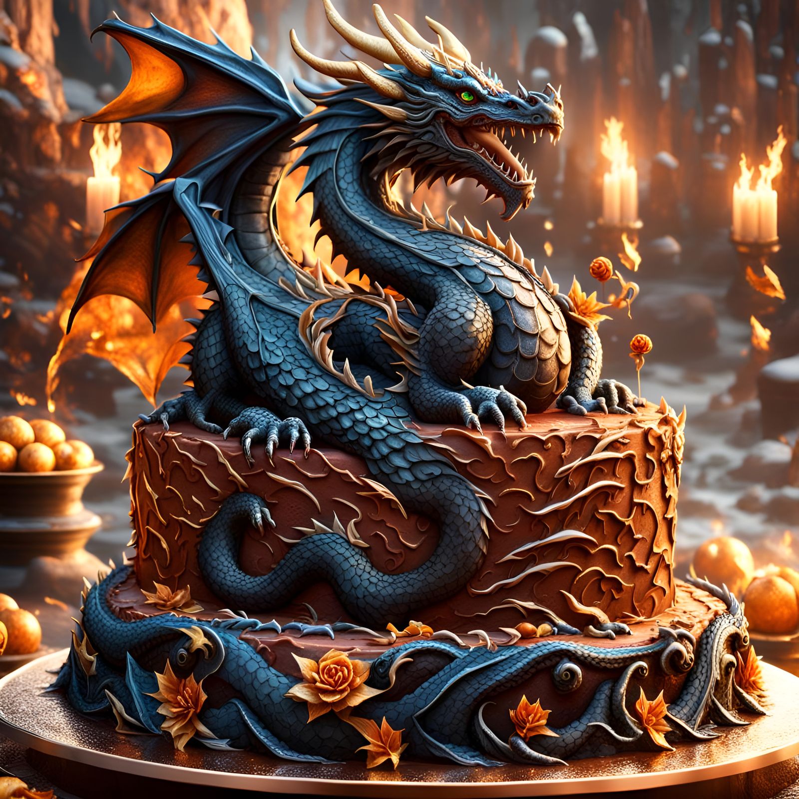 Dragon birthday cake. Fudge cake shaped like intricate dragon AI