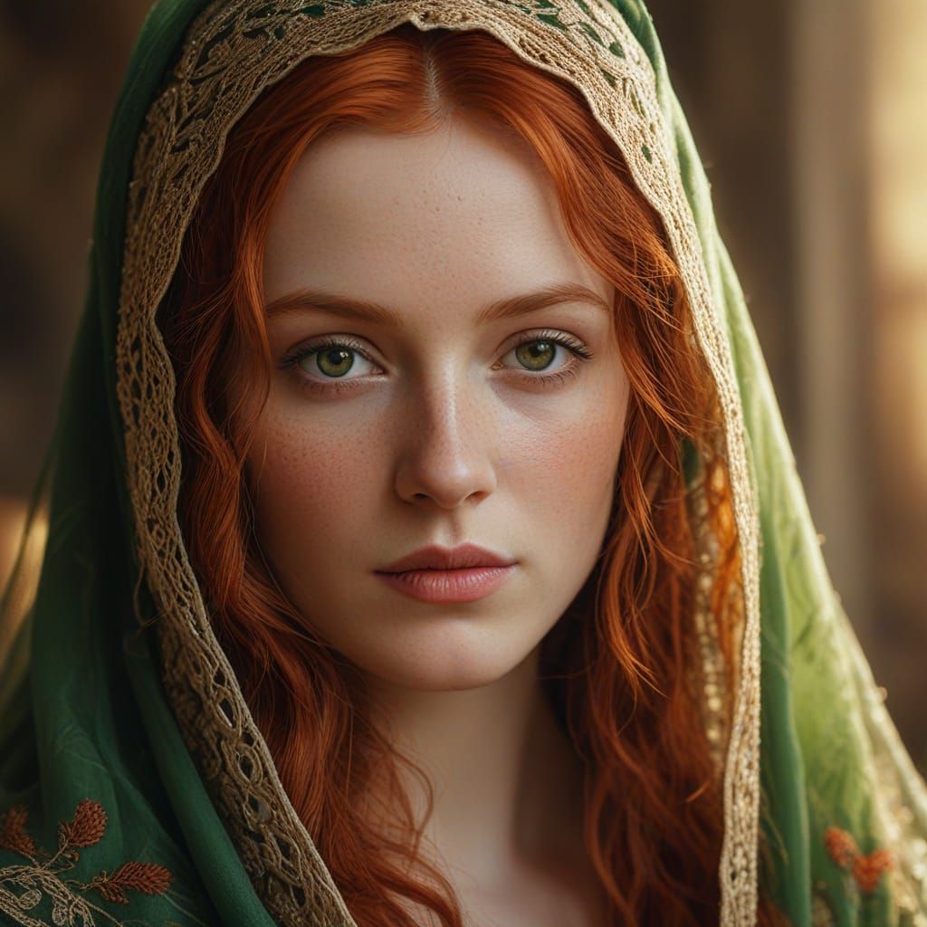 female, long dress green, redhair, veil, medieval era  by @SassaG