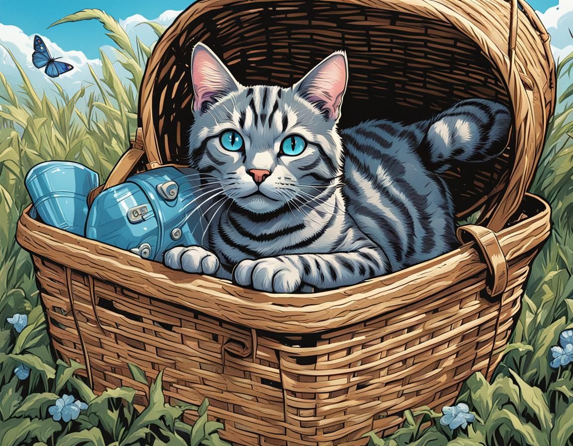 Grey tabby cat, having a picnic