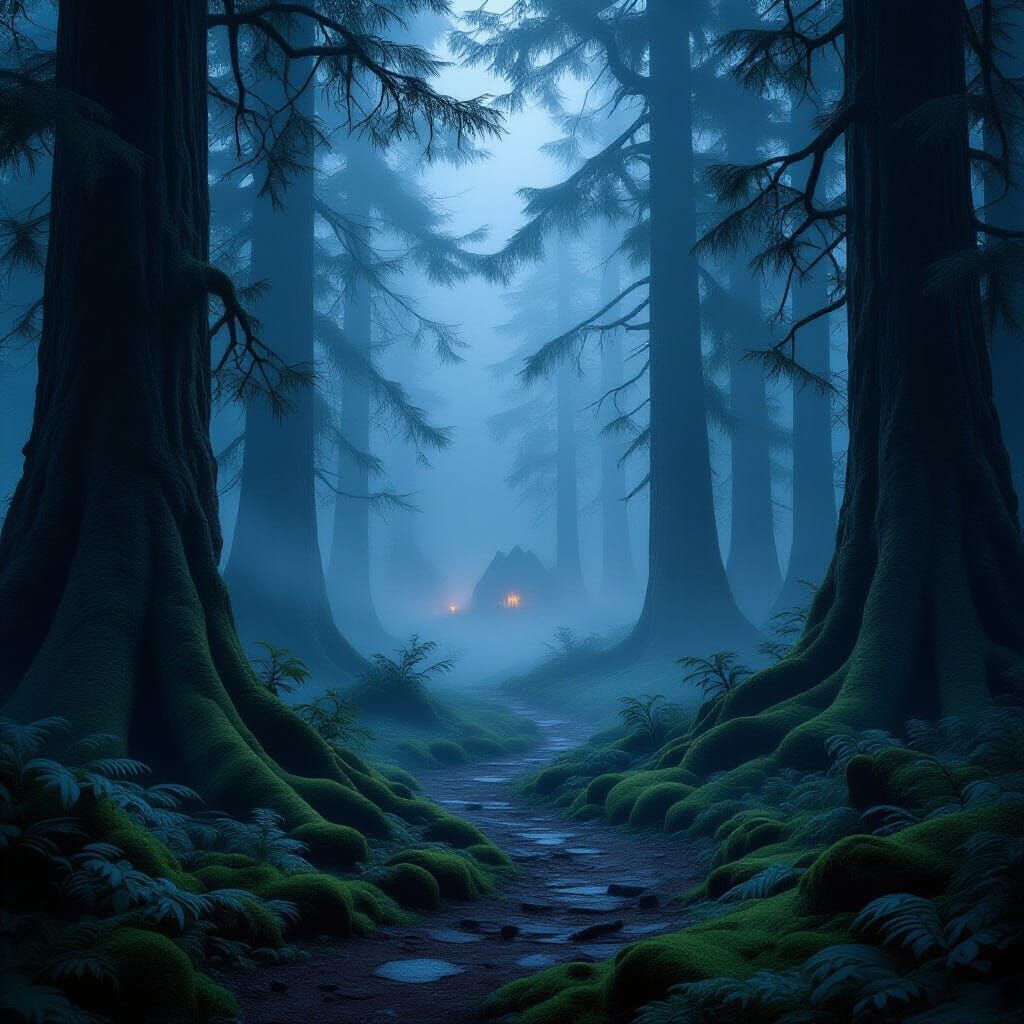 Cinematic concept art of a vast foggy forest