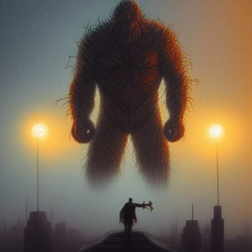 Gargantuan monster walking over a fog covered city at night