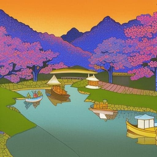 Ukiyo-e Mosaic: Cherry Blossoms and Zen Gardens