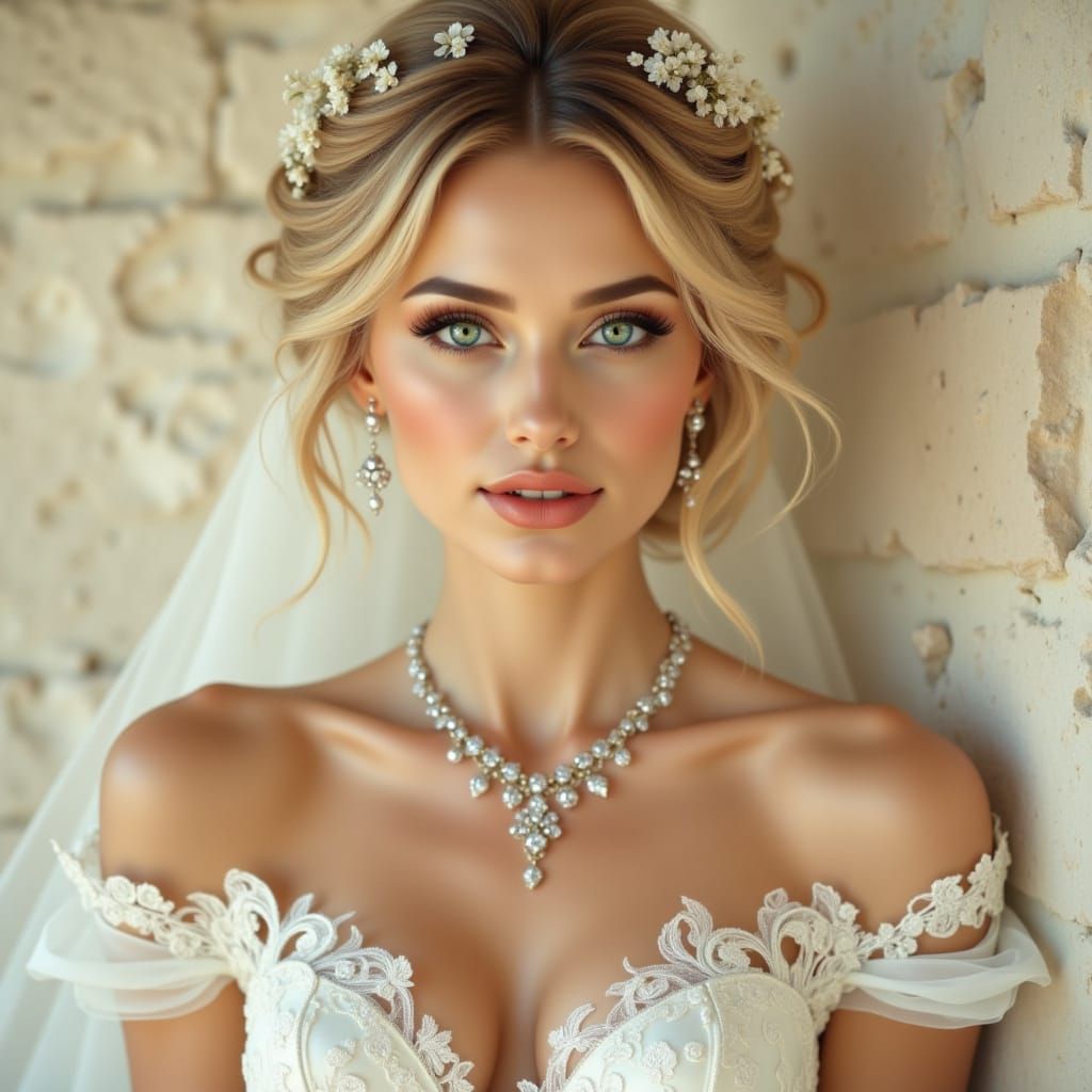 A hyperrealistic portrait of a beautiful woman, styled as a bride.  She has a  blonde updo adorned with small white flowers,  and striking g...