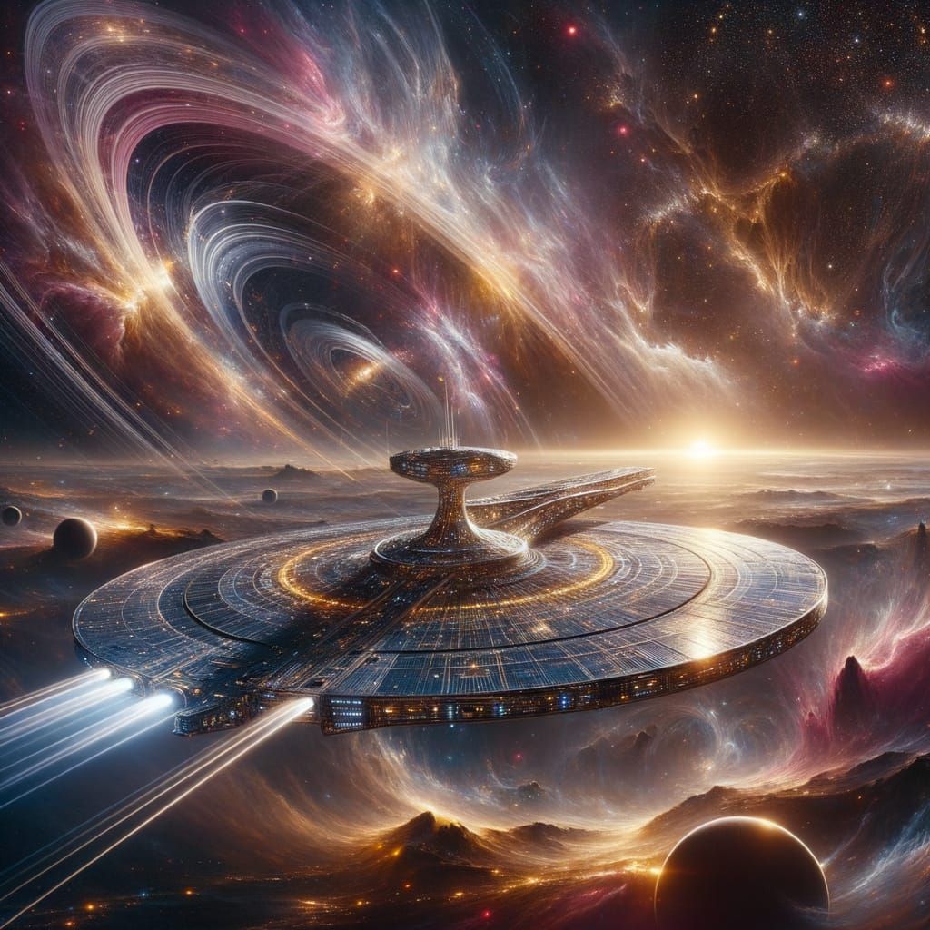 A majestic starship sails through the cosmic ocean, its solar sails glowing as it glides past swirling ...  by @Amber Alder