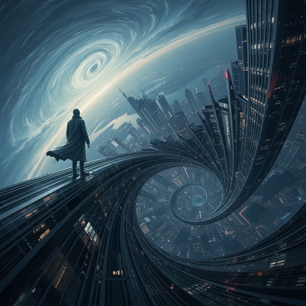 Looking down at a dizzying city far below, a lone figure stands at the edge of a tall skyscraper. There ...  by @undefined