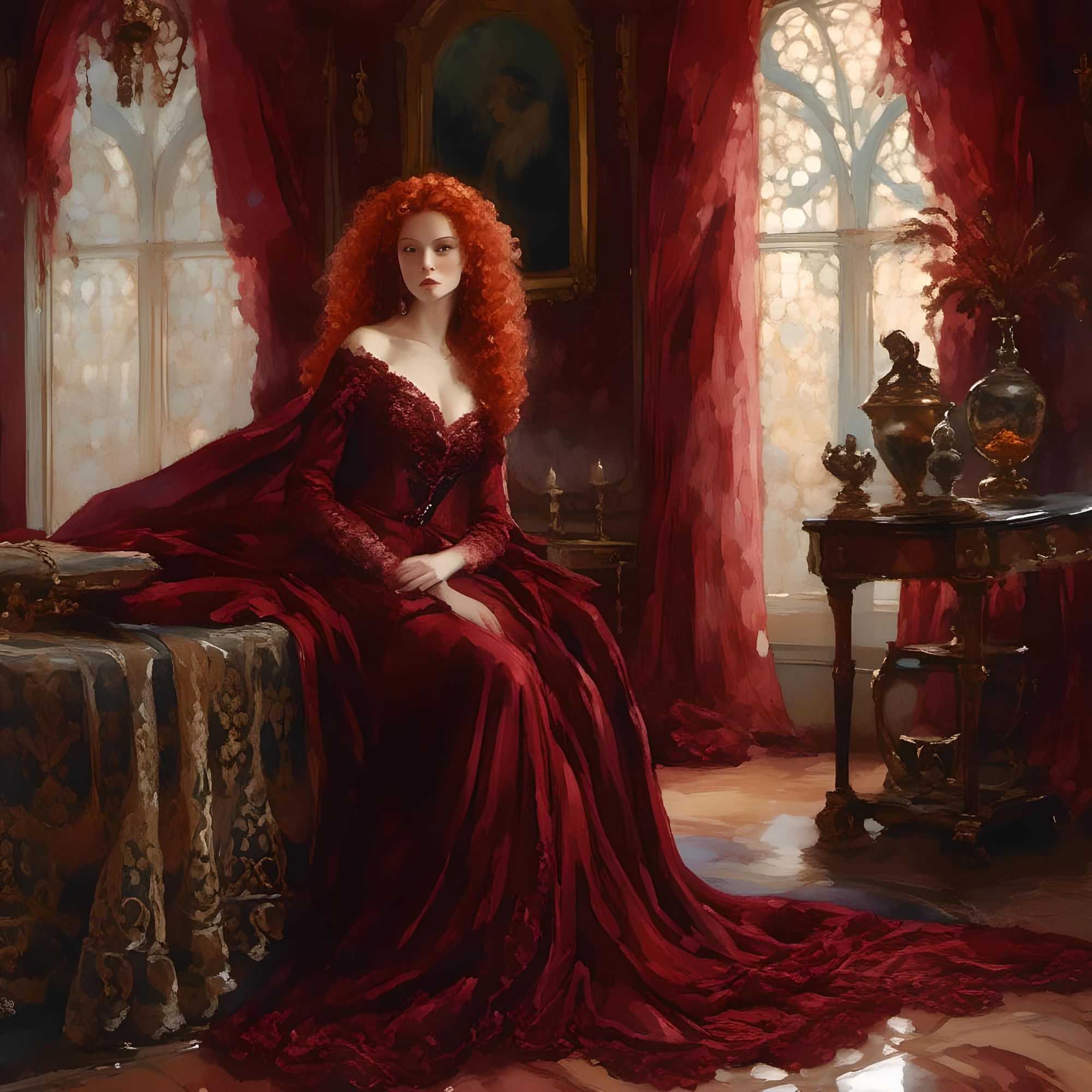<lora:Soft:1.0> A serene, elegant woman with a soft expression and voluminous curly red hair, dressed in a regal, dark red gown with long sl...