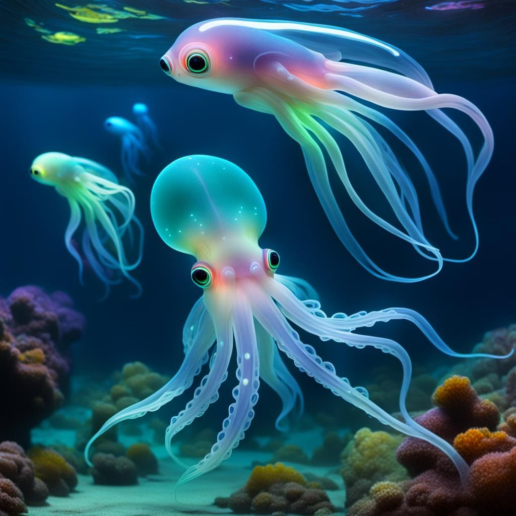 Swimming glowing transparent squids