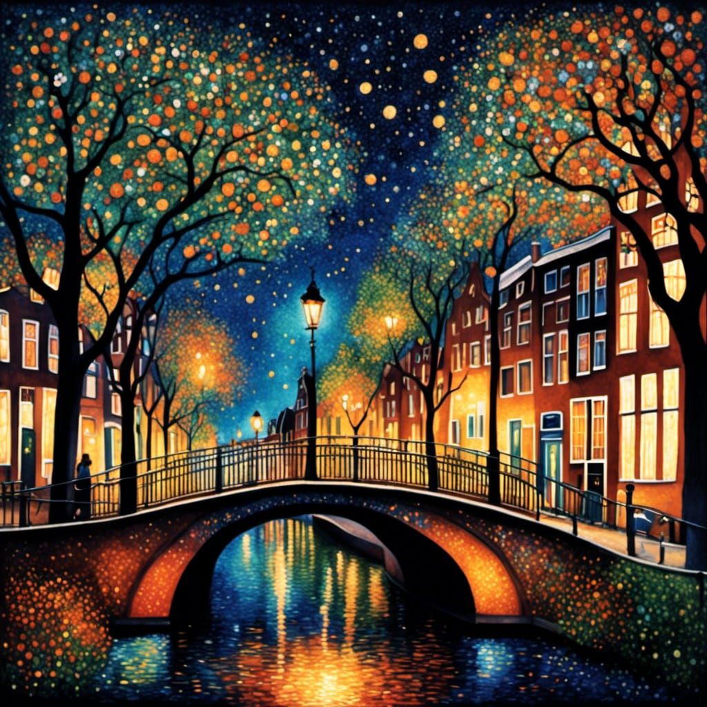 <lora:DarkPointillismXL:1.0> Amsterdam quarter bridge view from the street trees flowers midnight streetlight colorful  high detail