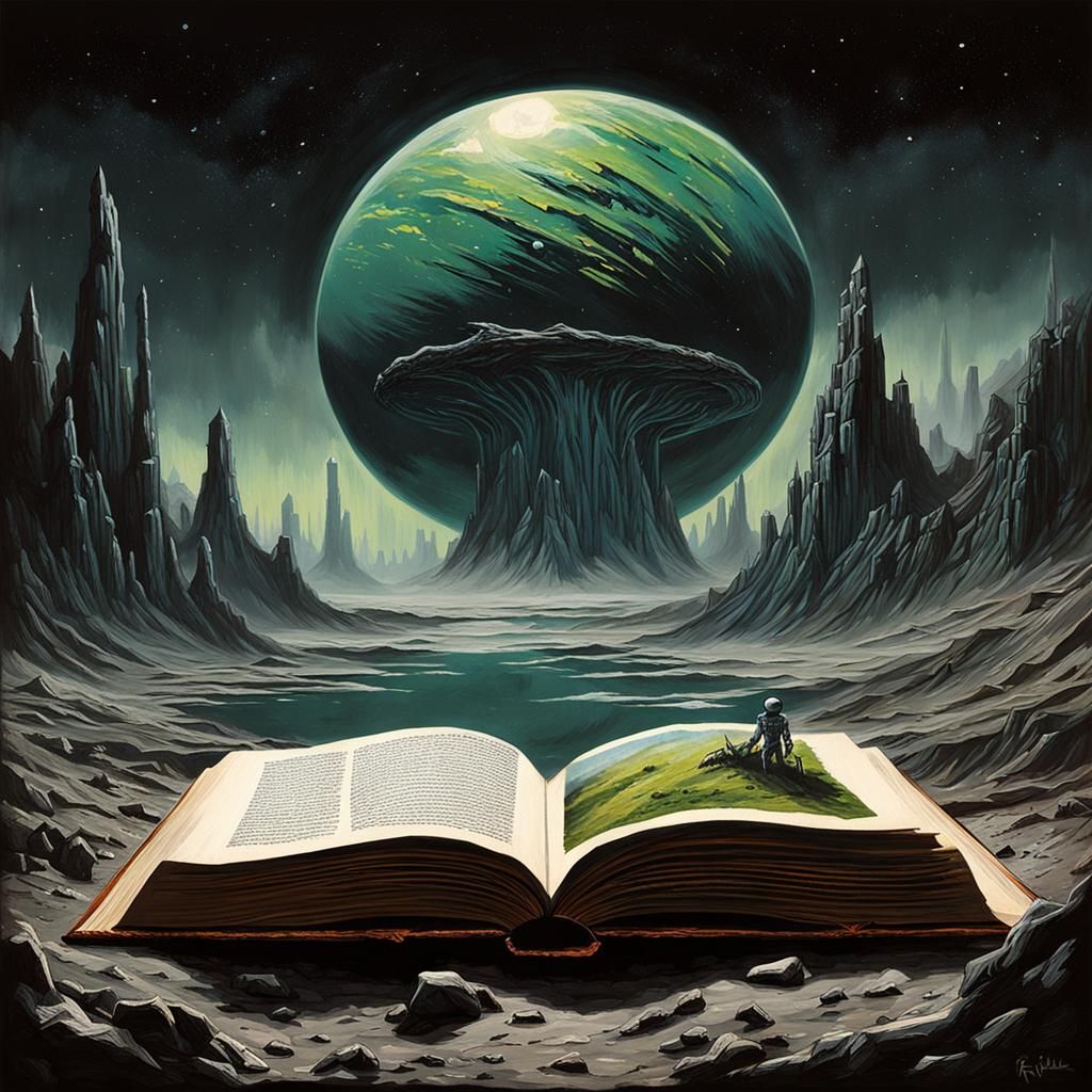 Alien planet landscape painted on the pages of a book.