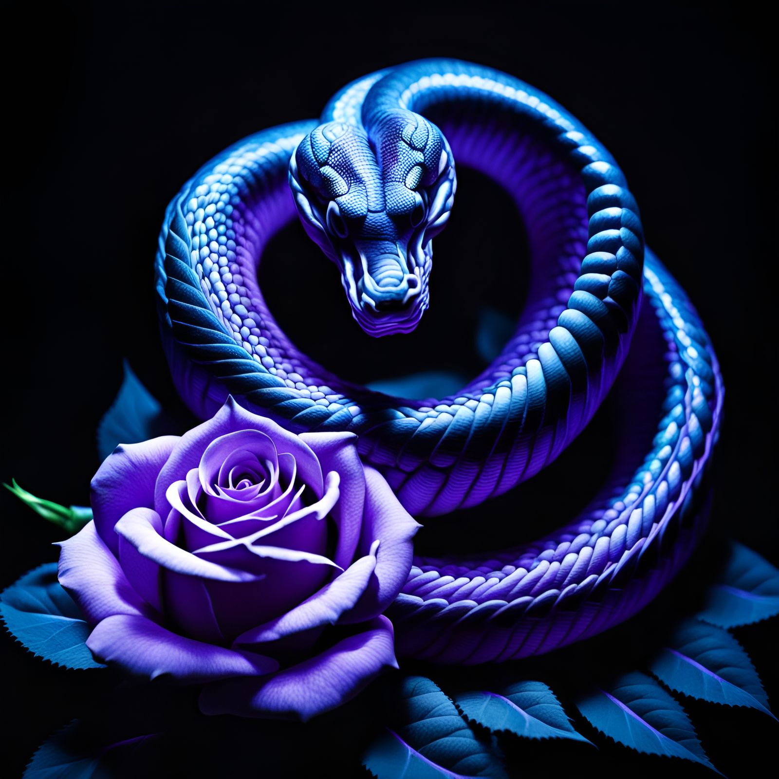 Black Light Painting Of Iridescent Coiled Serpent Wrapped Around A Purple Rose  by @Inner Peace