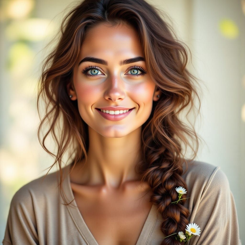 Woman with Braided Hair and Flower Portrait