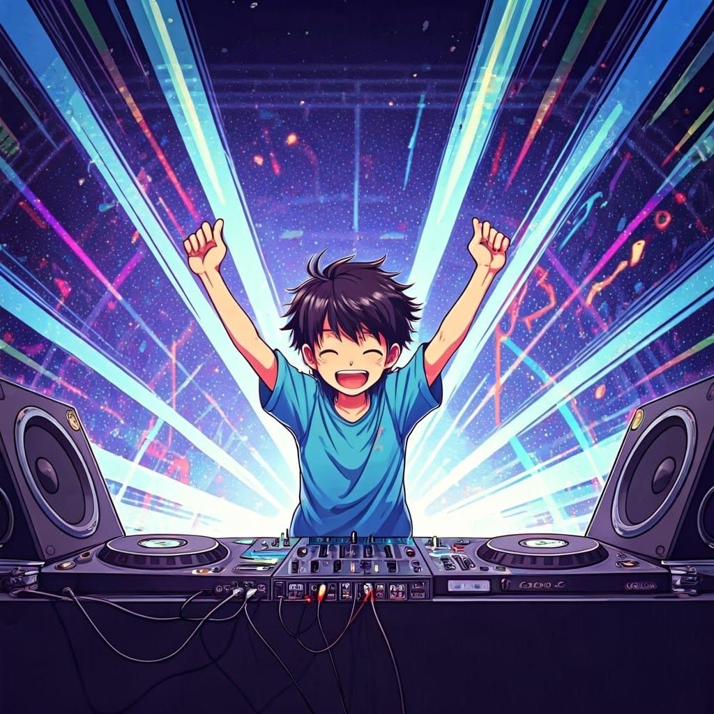 Energetic Boy Spins Tracks in Vibrant Anime-Inspired Scene