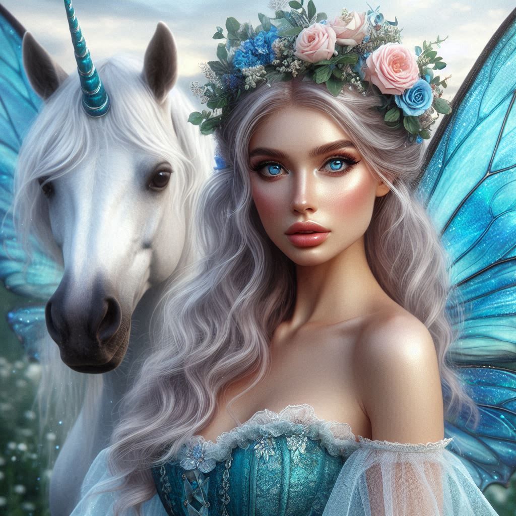 Beautiful Fairy with her Unicorn Fantasy art